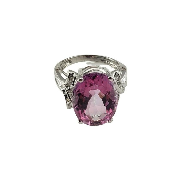 Vintage 14 Karat White Gold Pink Glass and Diamond Ring Size 6  #9935 - Picture 2 of 8